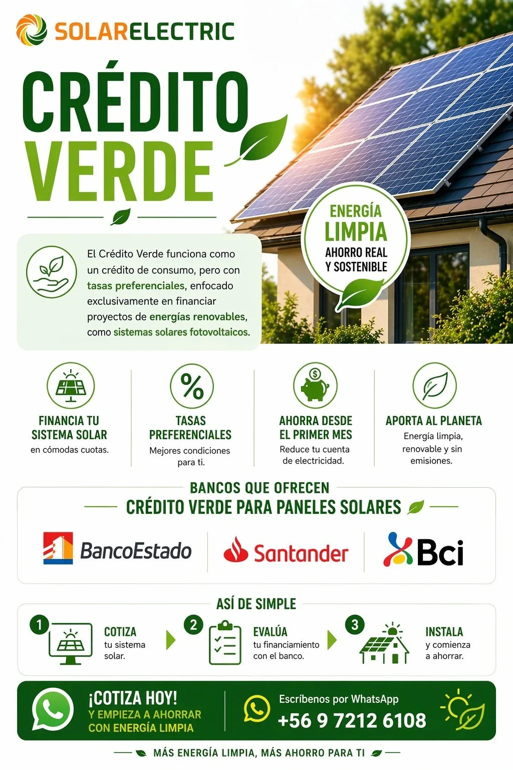 Crédito verde para financiar paneles solares con BancoEstado, Santander y BCI